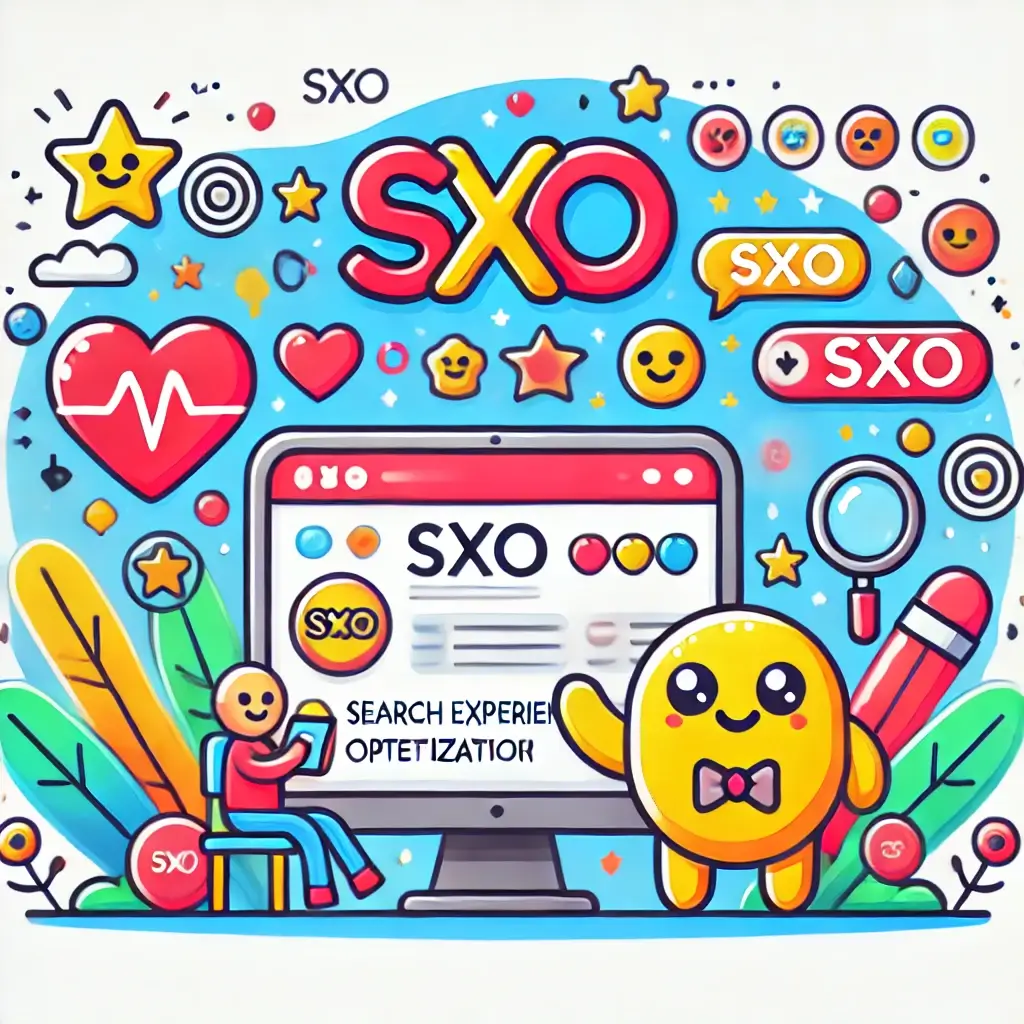 Dall·e 2024 09 11 17. 32. 34 an image representing sxo search experience optimization and user experience featuring a character or mascot. The character is in the center inter 1